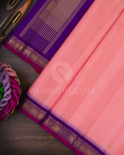 Peachy Pink & Violet Kanjivaram Silk Saree-B3