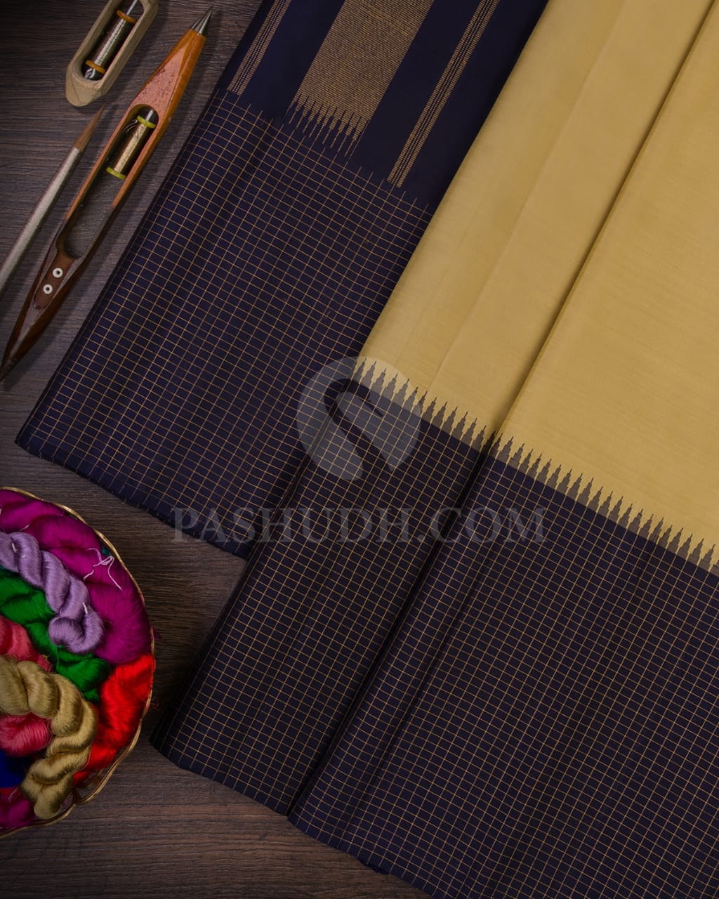 Ivory & Dark Navy Blue Kanjivaram Silk Saree-B5