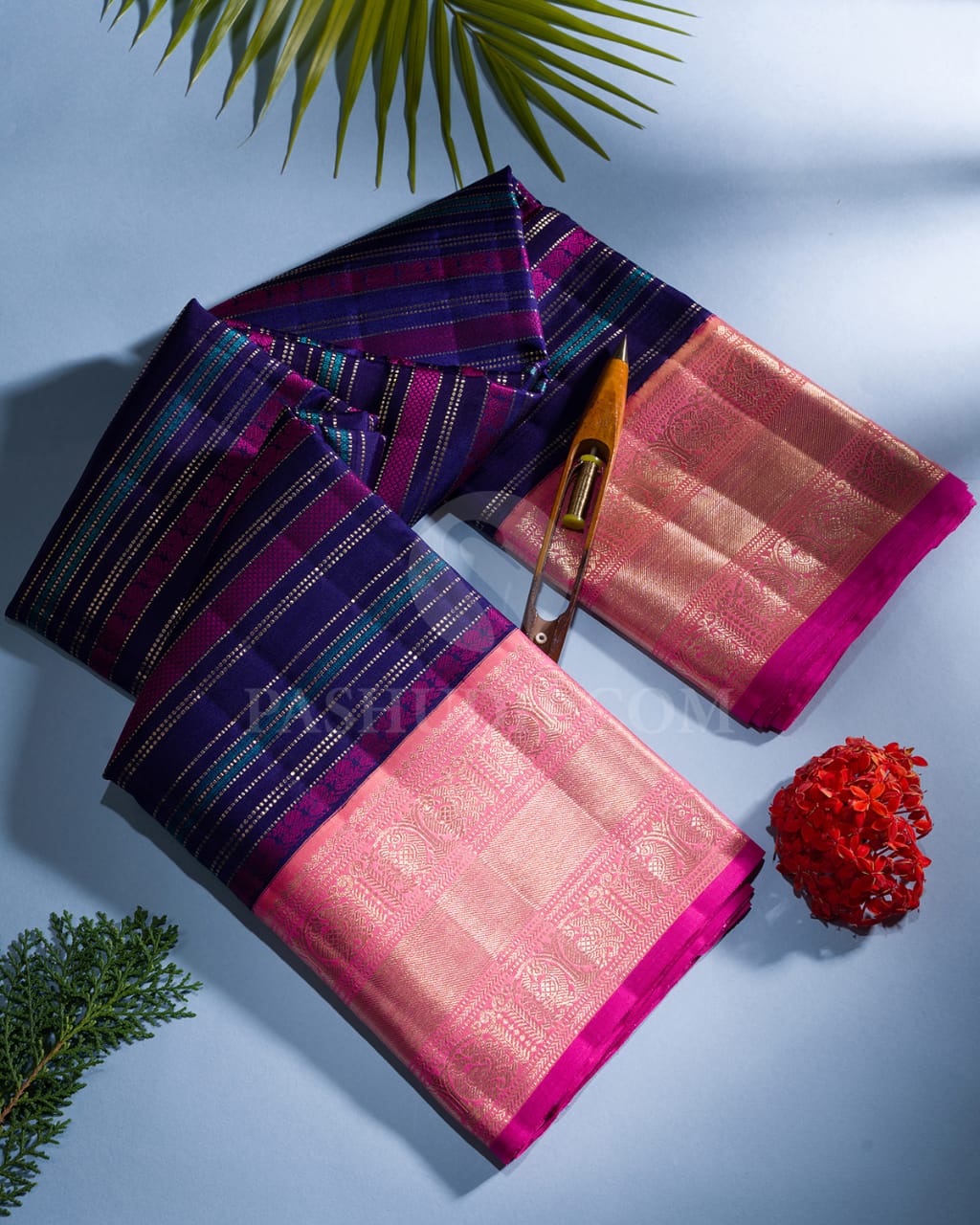 Navy Blue,Magenta & Baby Pink Kanjivaram Silk Saree-S1428(A)