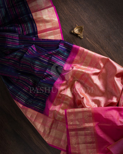 Navy Blue,Magenta & Baby Pink Kanjivaram Silk Saree-S1428(A)