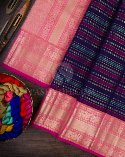 Navy Blue,Magenta & Baby Pink Kanjivaram Silk Saree-S1428(A)