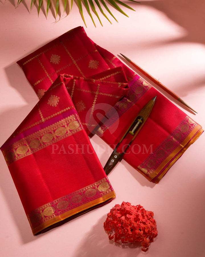 Red, Orange & Rani Pink Kanjivaram Silk Saree- H2