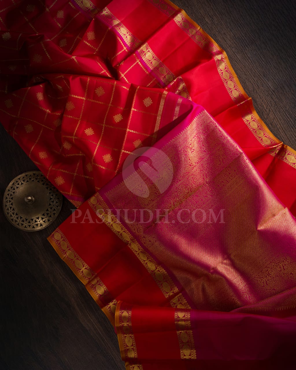 Red, Orange & Rani Pink Kanjivaram Silk Saree- H2