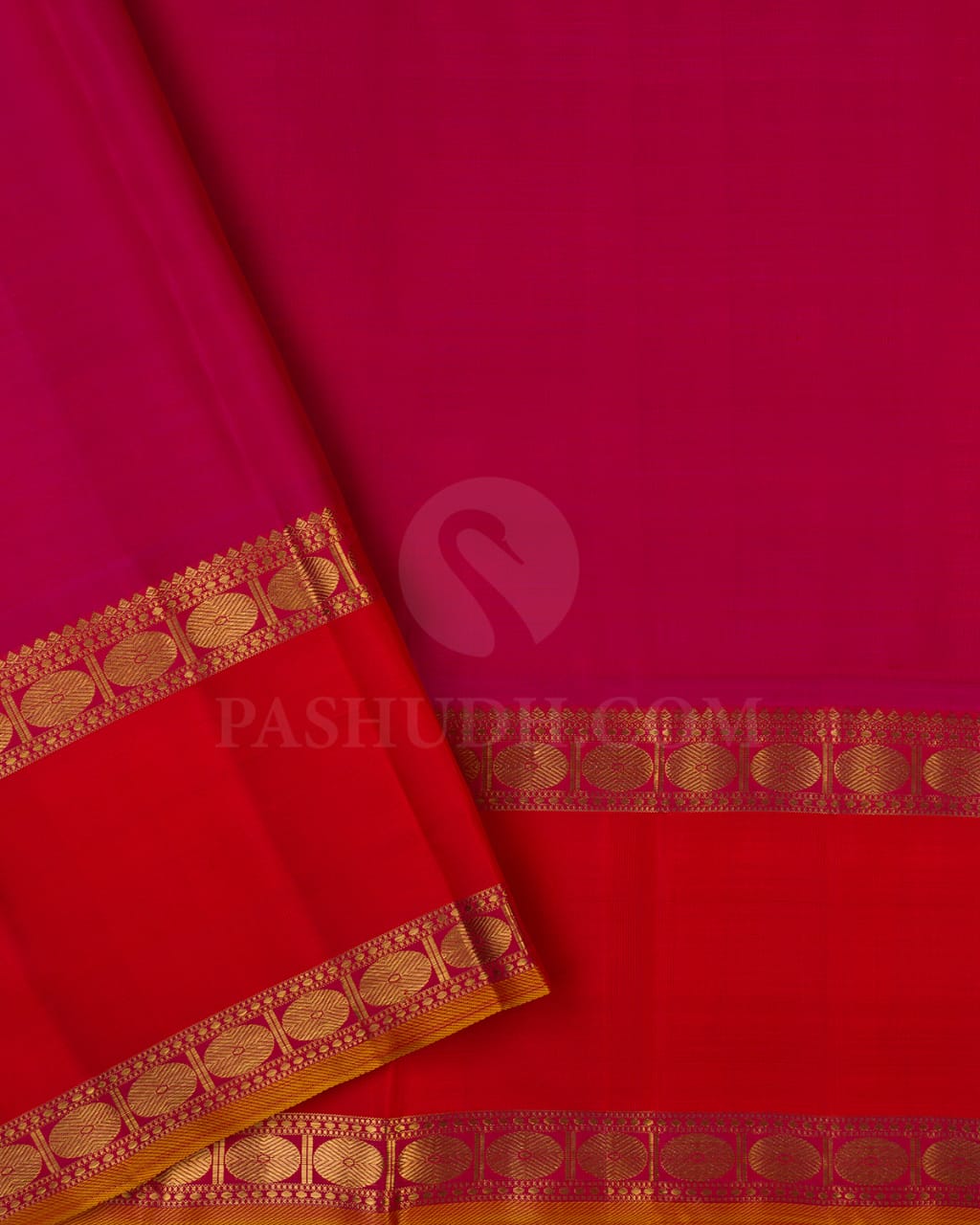 Red, Orange & Rani Pink Kanjivaram Silk Saree- H2