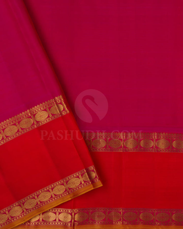 Red, Orange & Rani Pink Kanjivaram Silk Saree- H2