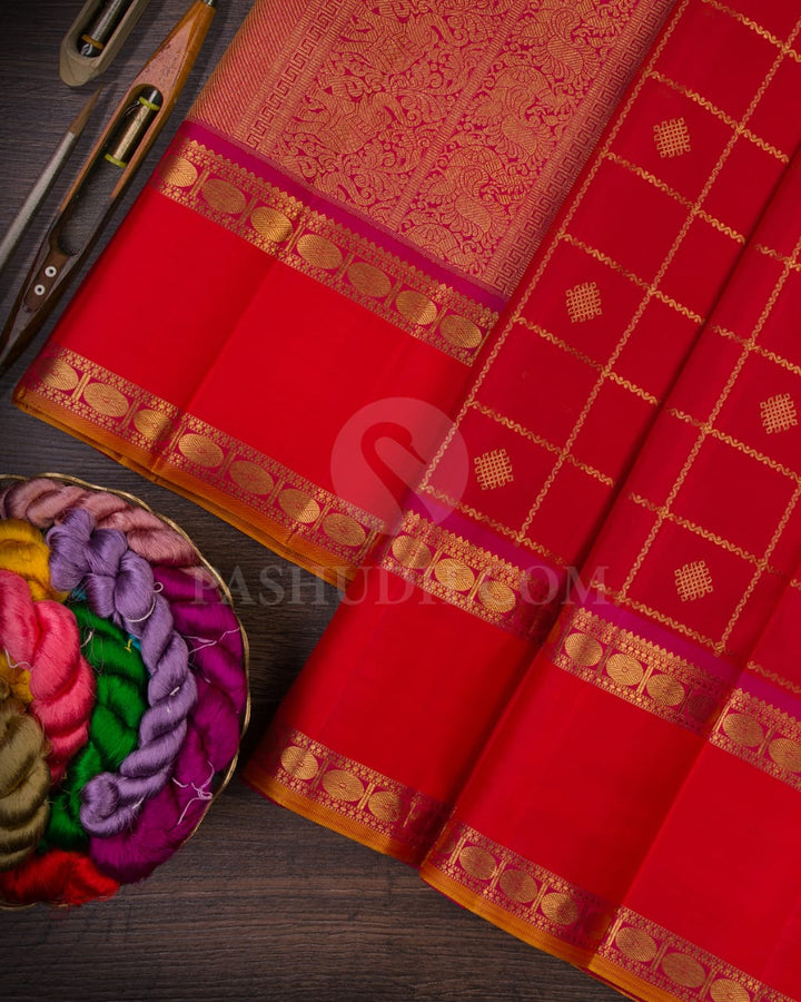 Red, Orange & Rani Pink Kanjivaram Silk Saree- H2