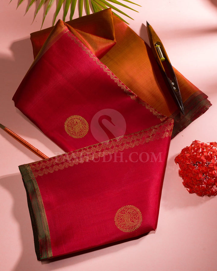 Red & Dual shaded Orange Kanjivaram Silk Saree-E1