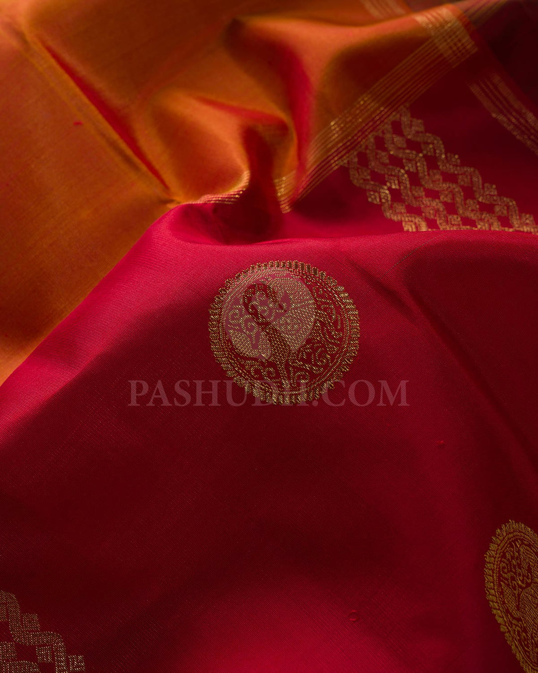 Red & Dual shaded Orange Kanjivaram Silk Saree-E1