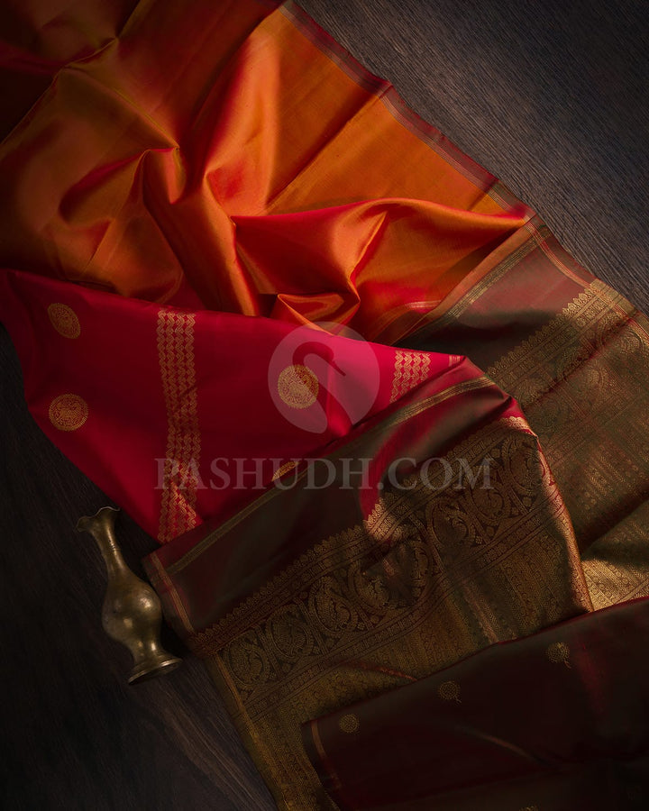 Red & Dual shaded Orange Kanjivaram Silk Saree-E1