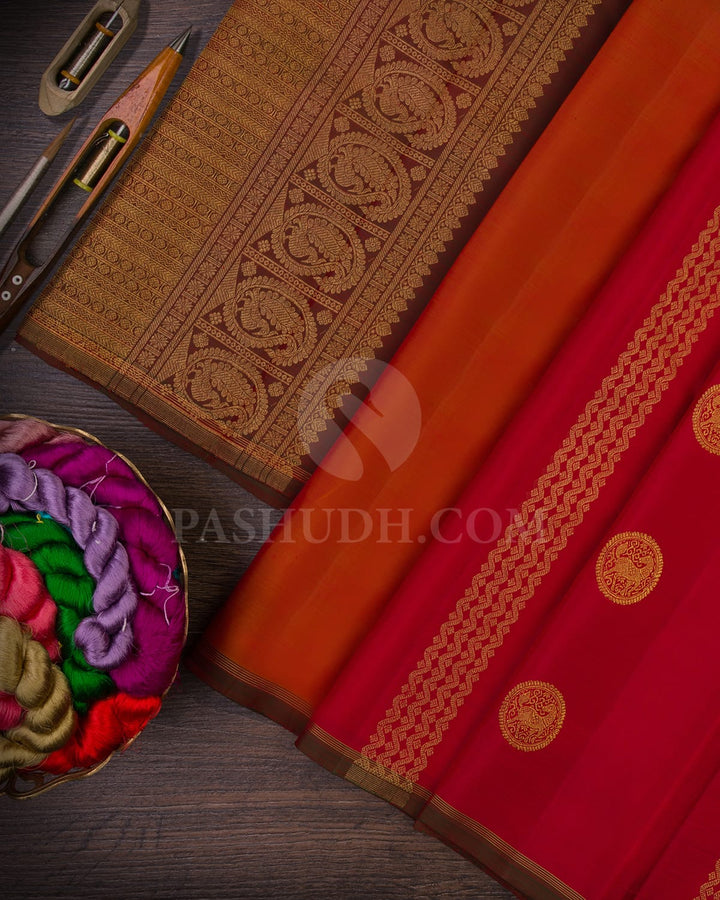 Red & Dual shaded Orange Kanjivaram Silk Saree-E1