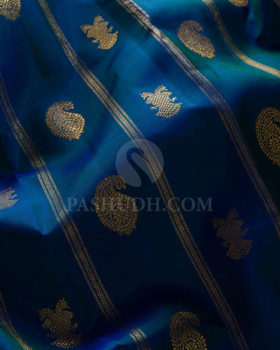 Peacock  Blue & Rani Pink Traditional Borderless Kanjivaram Silk Saree-J1