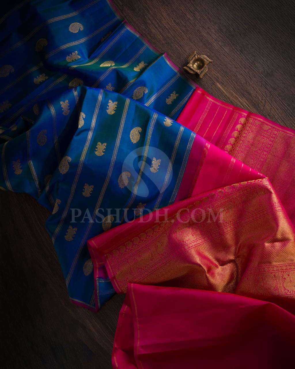 Peacock  Blue & Rani Pink Traditional Borderless Kanjivaram Silk Saree-J1