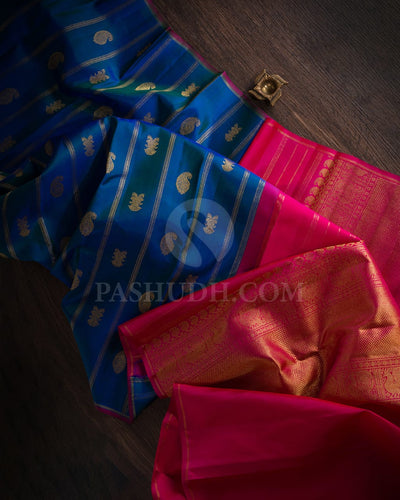 Peacock  Blue & Rani Pink Traditional Borderless Kanjivaram Silk Saree-J1