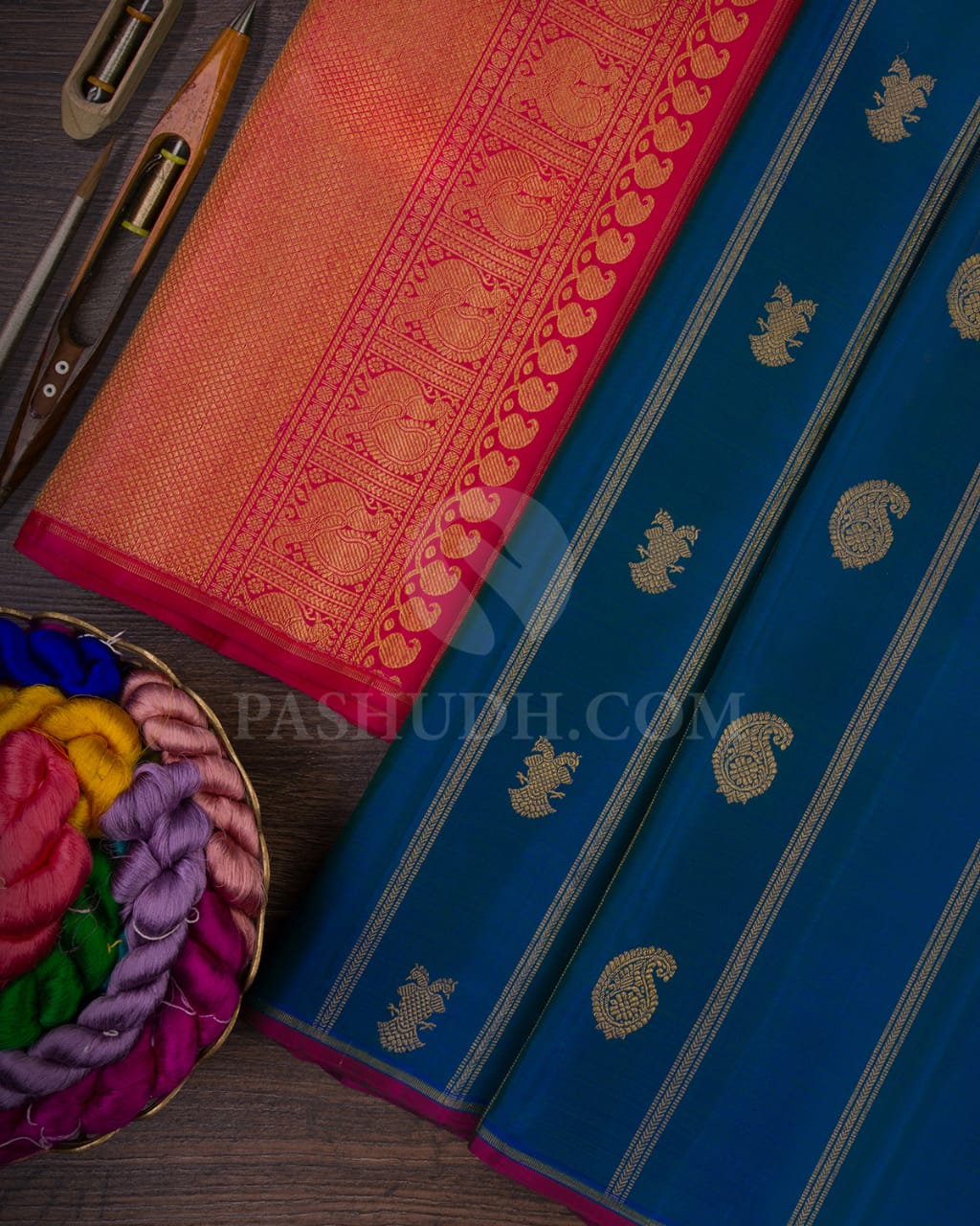 Peacock  Blue & Rani Pink Traditional Borderless Kanjivaram Silk Saree-J1
