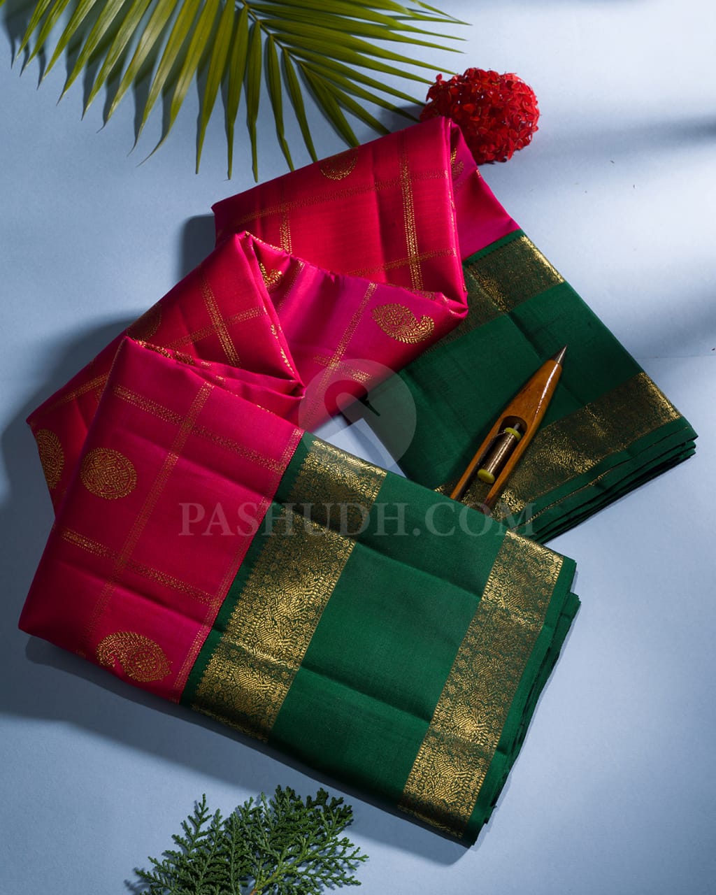 Dual Shaded Rani Pink & Bottle Green Kanjivaram Silk Saree-H4