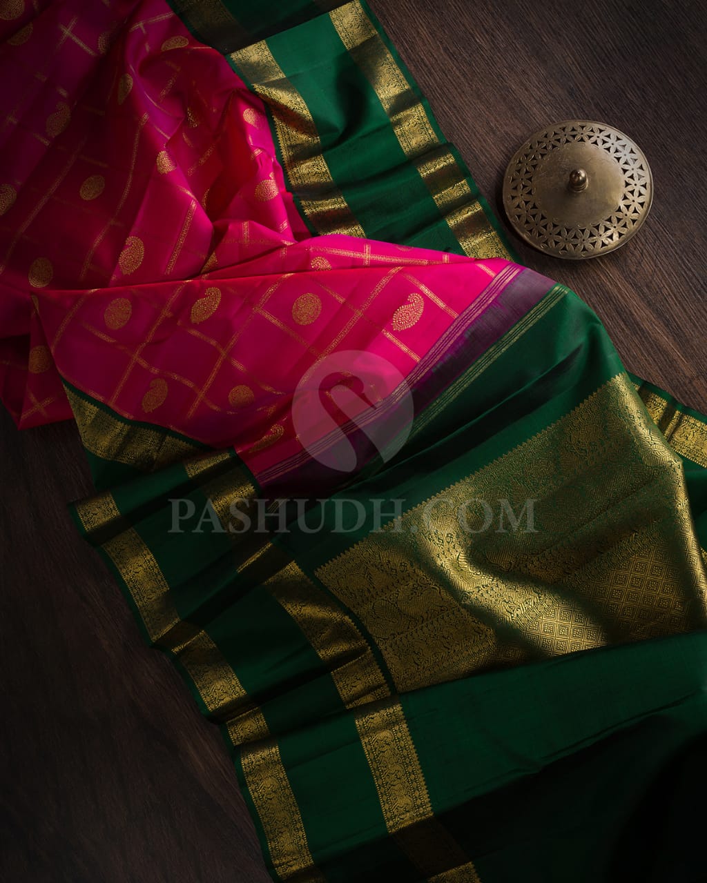 Dual Shaded Rani Pink & Bottle Green Kanjivaram Silk Saree-H4