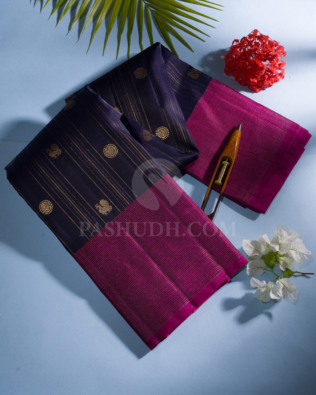 Navy Blue & Magenta Vertical Pattern Kanjivaram Silk Saree-F2