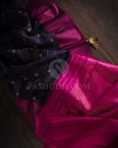 Navy Blue & Magenta Vertical Pattern Kanjivaram Silk Saree-F2