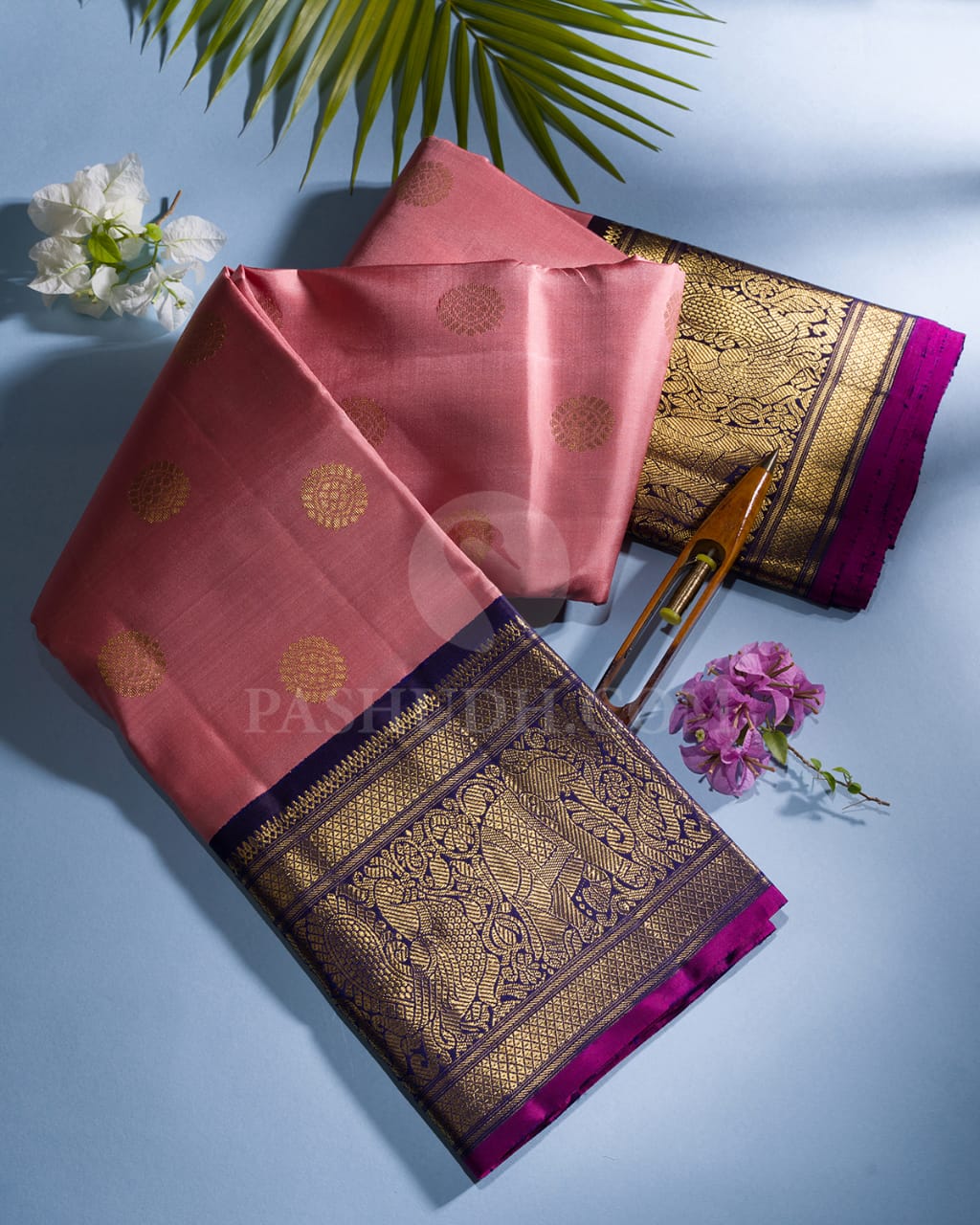 Pastel Pink & Navy Blue Kanjivaram Silk Saree-H5