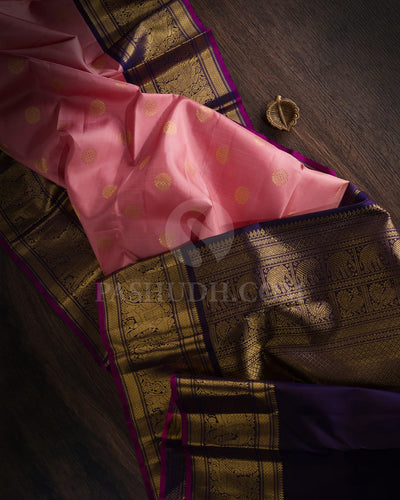 Pastel Pink & Navy Blue Kanjivaram Silk Saree-H5