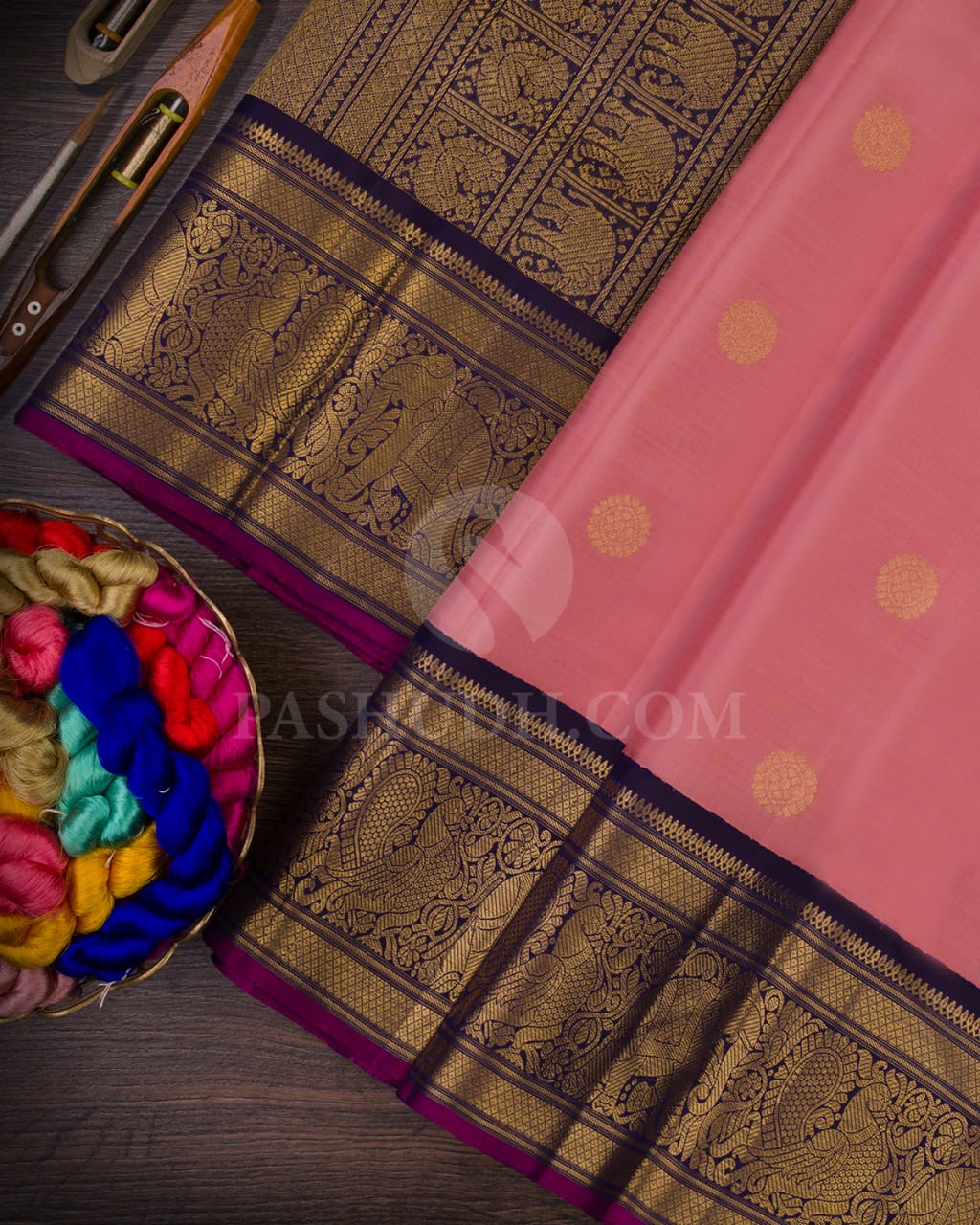 Pastel Pink & Navy Blue Kanjivaram Silk Saree-H5