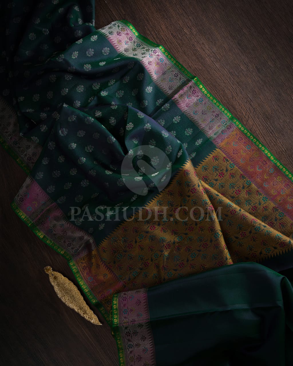 Dark Green & Pink Shot Green Kanjivaram Silk Saree-DJ353(B)