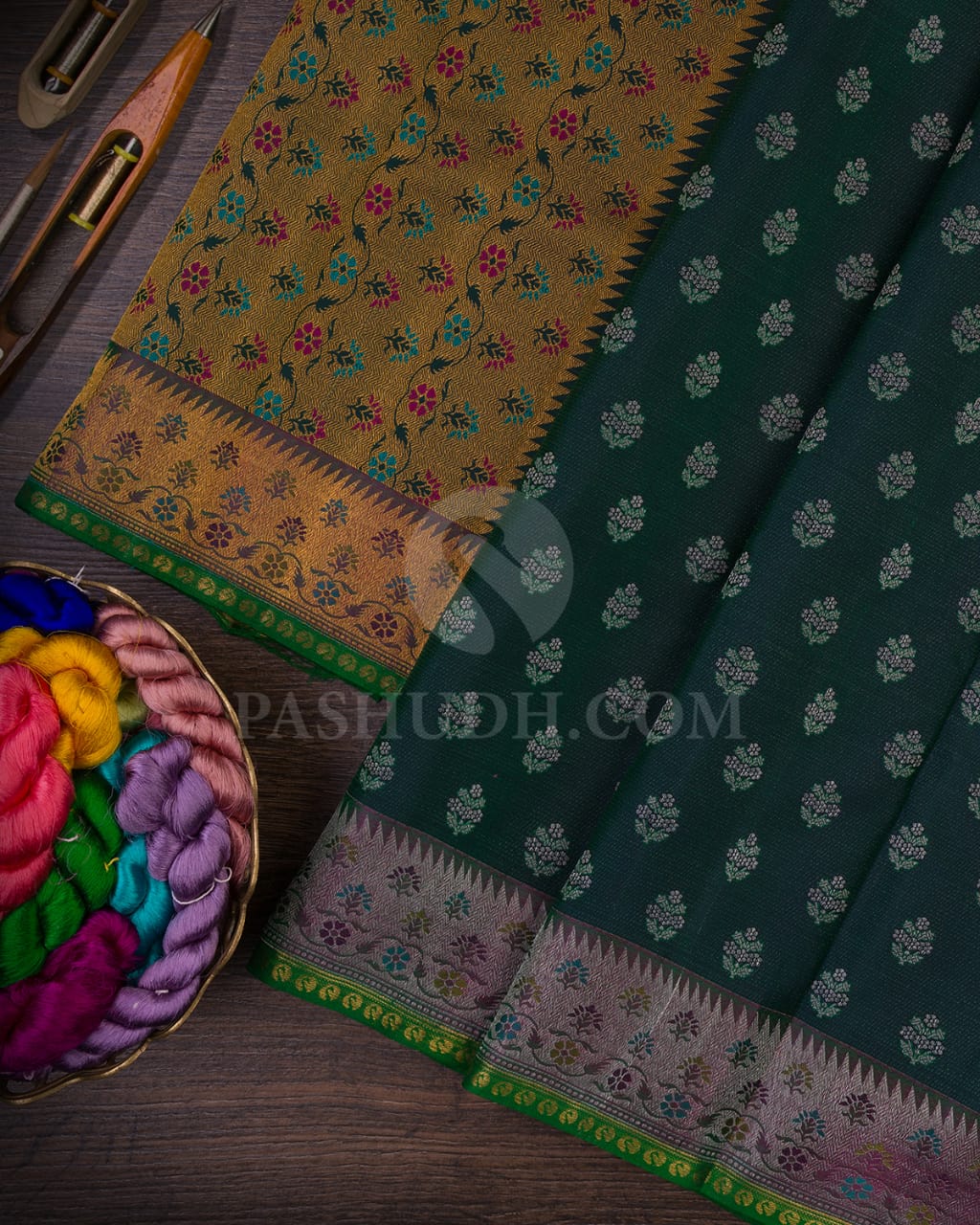 Dark Green & Pink Shot Green Kanjivaram Silk Saree-DJ353(B)