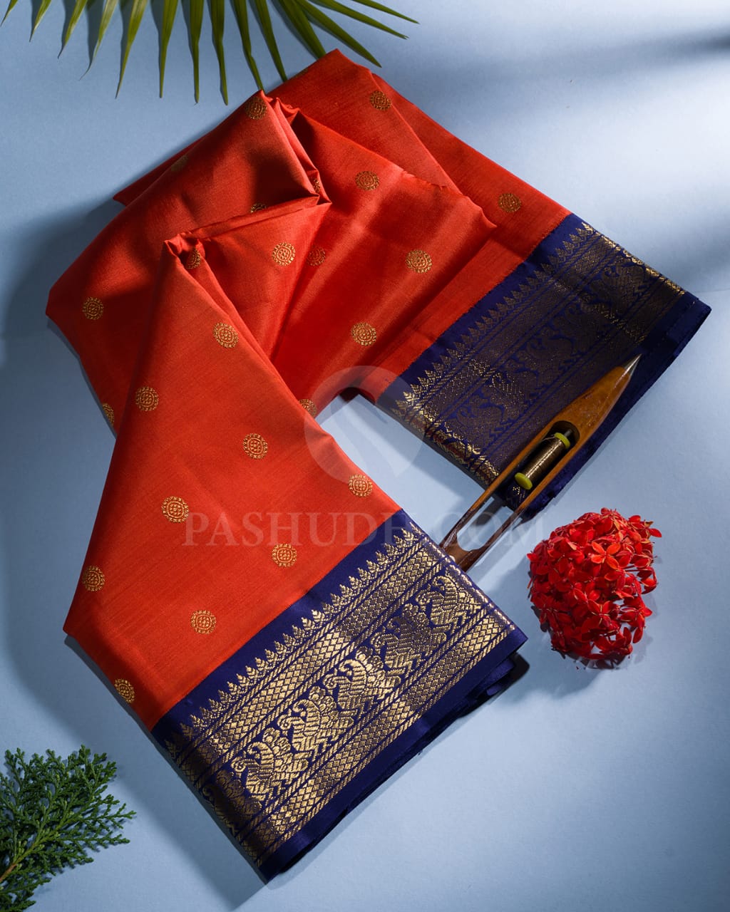 Orange & Navy Blue Kanjivaram Silk Saree-A1