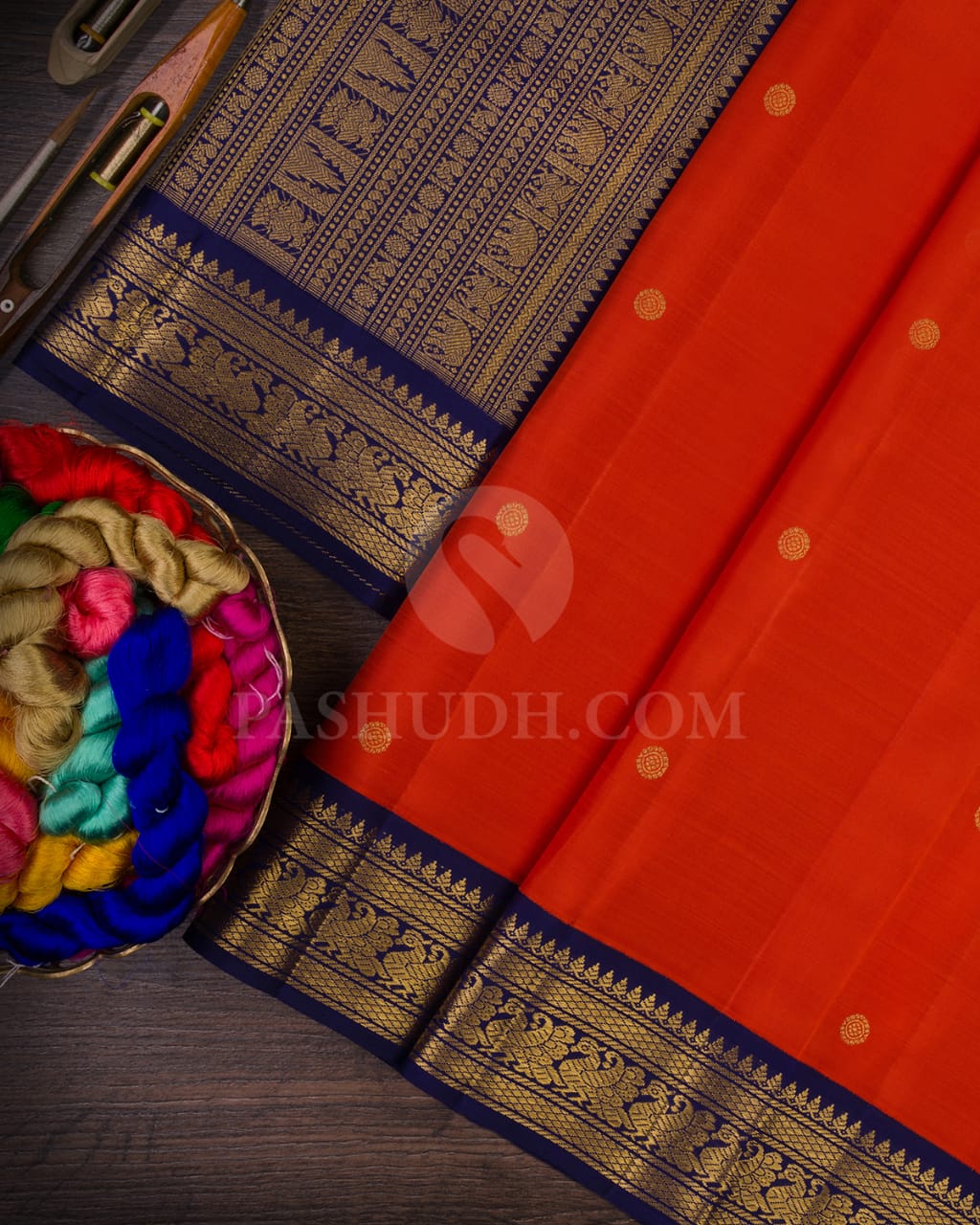 Orange & Navy Blue Kanjivaram Silk Saree-A1