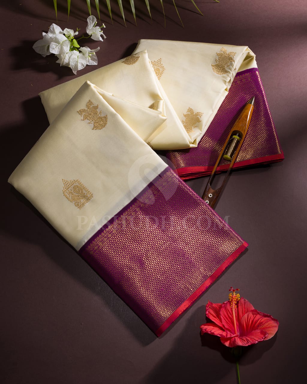 Half White & Purple Kanjivaram Silk Saree-H3