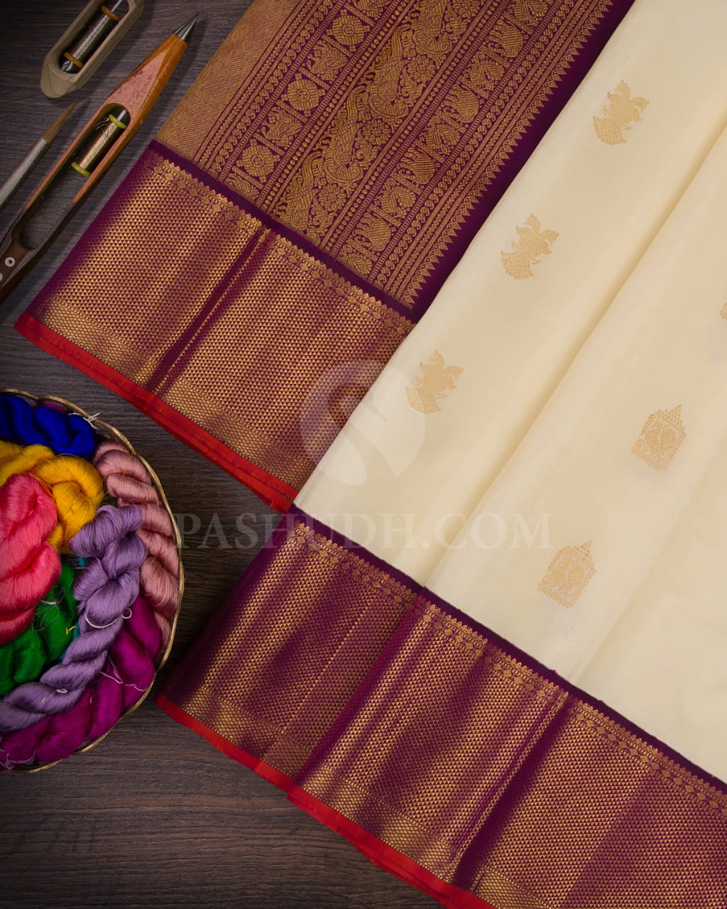 Half White & Purple Kanjivaram Silk Saree-H3