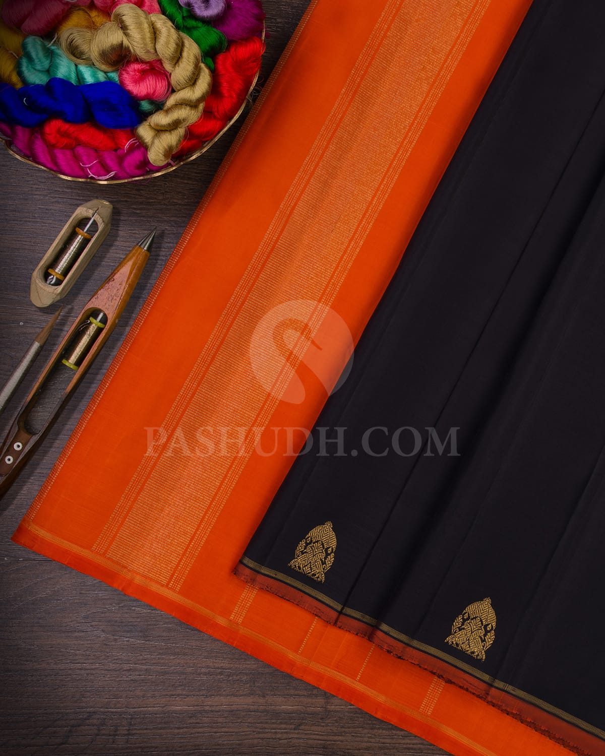 Black & Orange Kanjivaram Silk Saree-J2