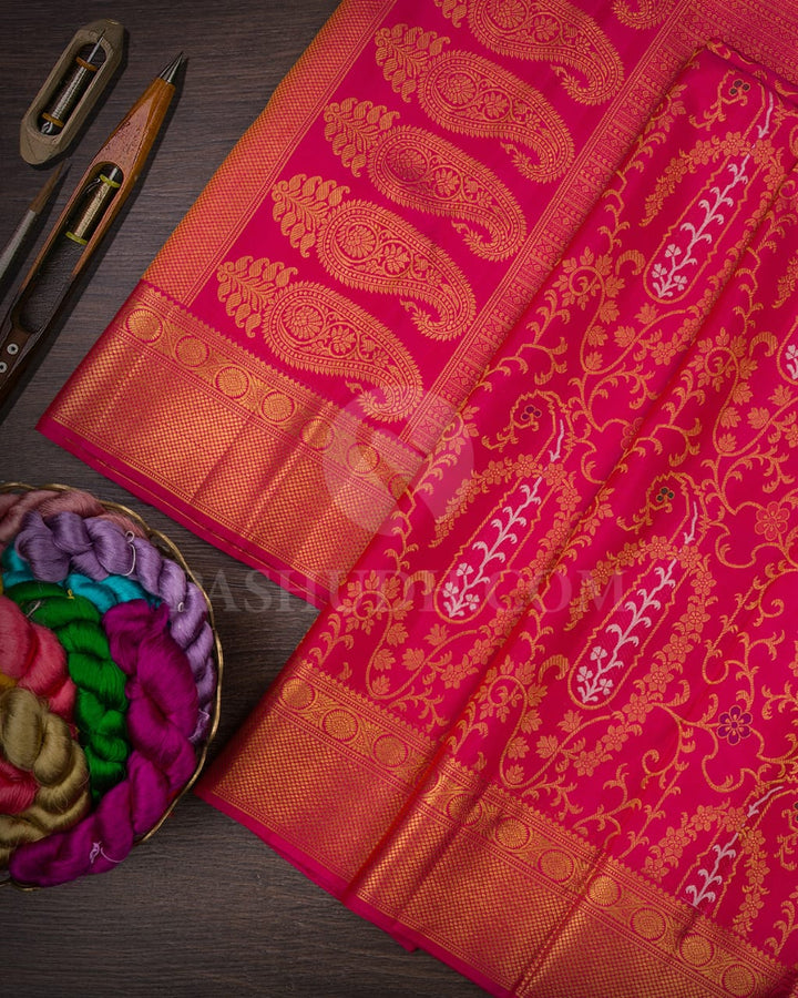 Rani Pink Pure Zari Kanjivaram Silk Saree-P177(A)