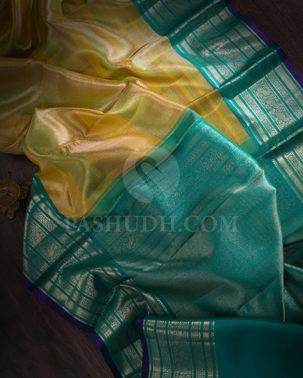Green,Golden Yellow & Sapphire Blue Kanjivaram Silk Saree-S1360(E)