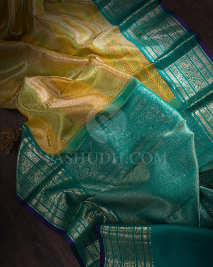 Green,Golden Yellow & Sapphire Blue Kanjivaram Silk Saree-S1360(E)