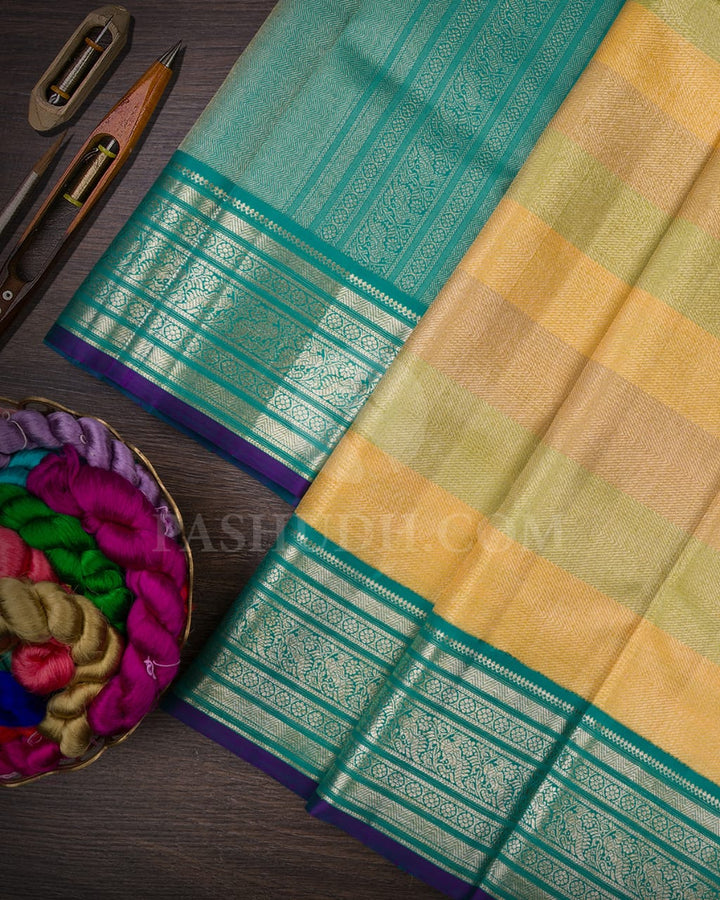 Green,Golden Yellow & Sapphire Blue Kanjivaram Silk Saree-S1360(E)