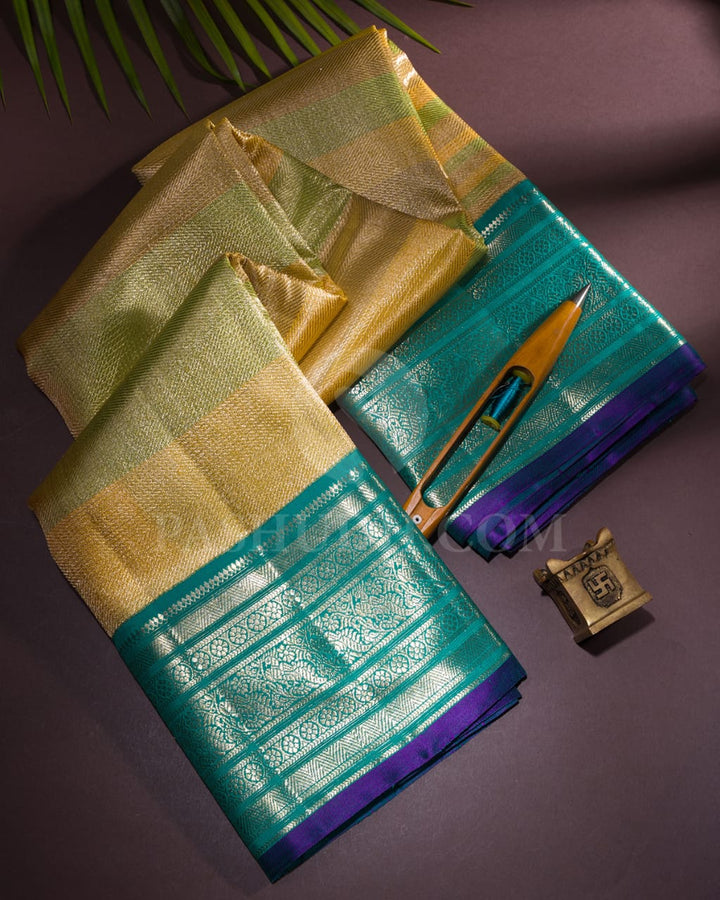 Green,Golden Yellow & Sapphire Blue Kanjivaram Silk Saree-S1360(E)