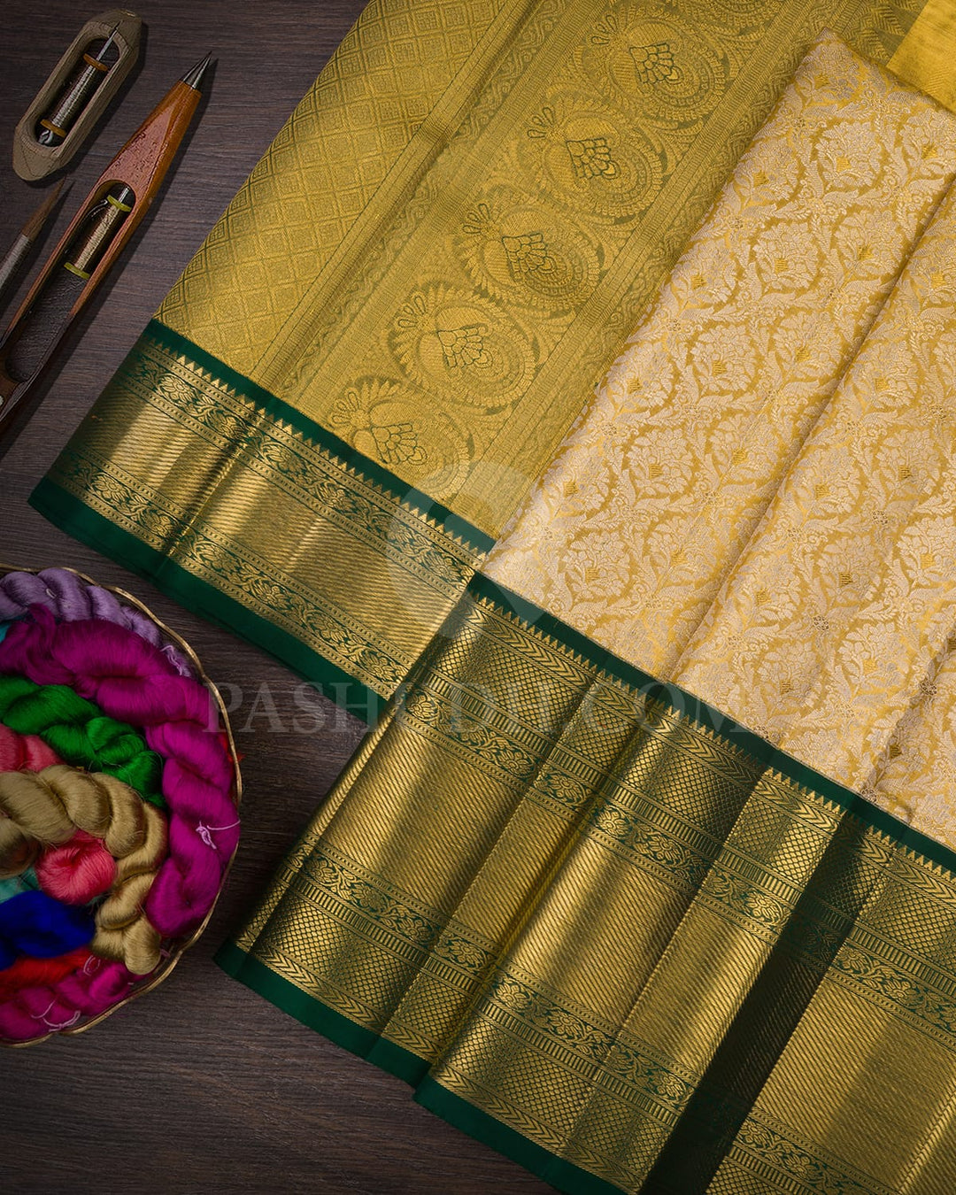 Gold & Bottle Green Tissue Kanjivaram Silk Saree-N2