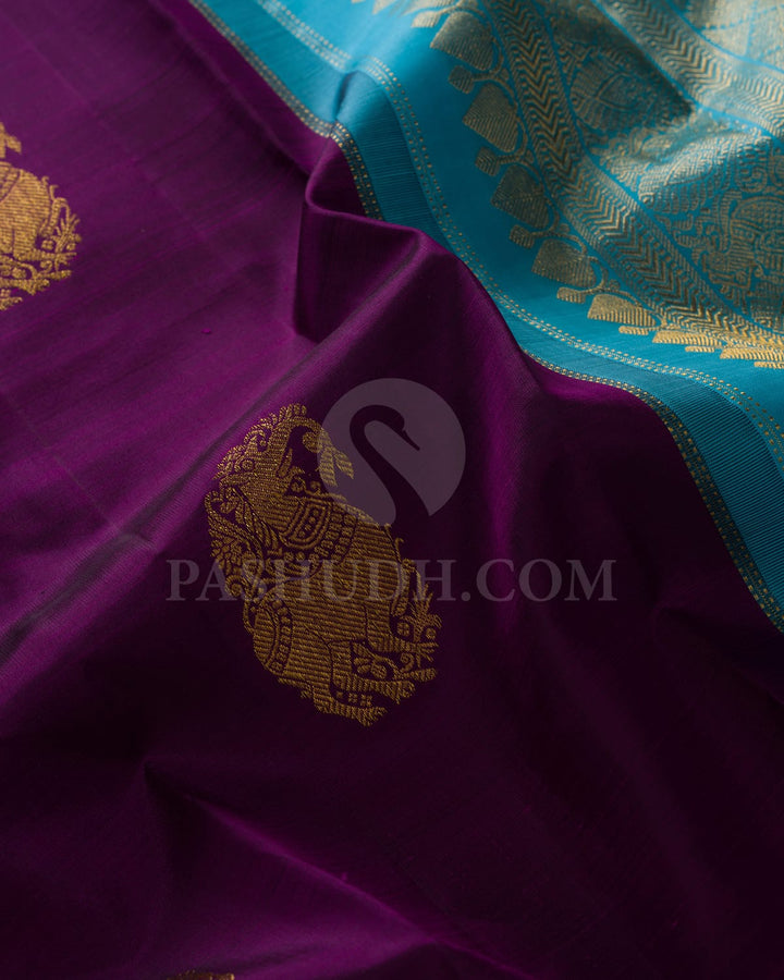 Purple & Sky Blue Traditional Borderless Kanjivaram Silk Saree-L2