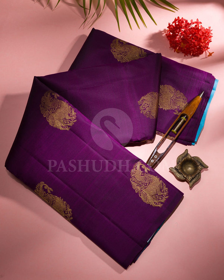 Purple & Sky Blue Traditional Borderless Kanjivaram Silk Saree-L2