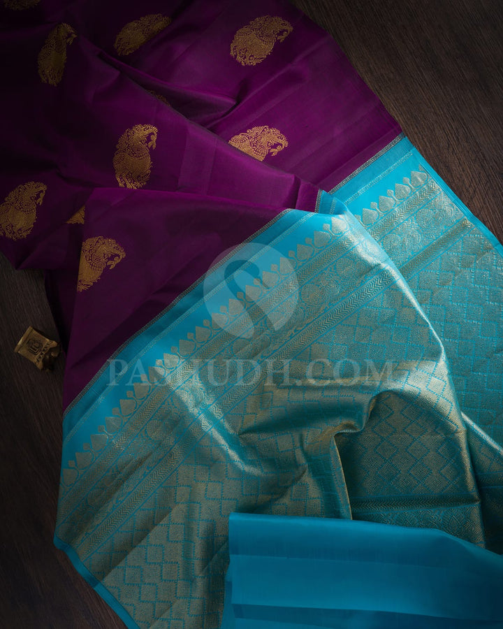Purple & Sky Blue Traditional Borderless Kanjivaram Silk Saree-L2