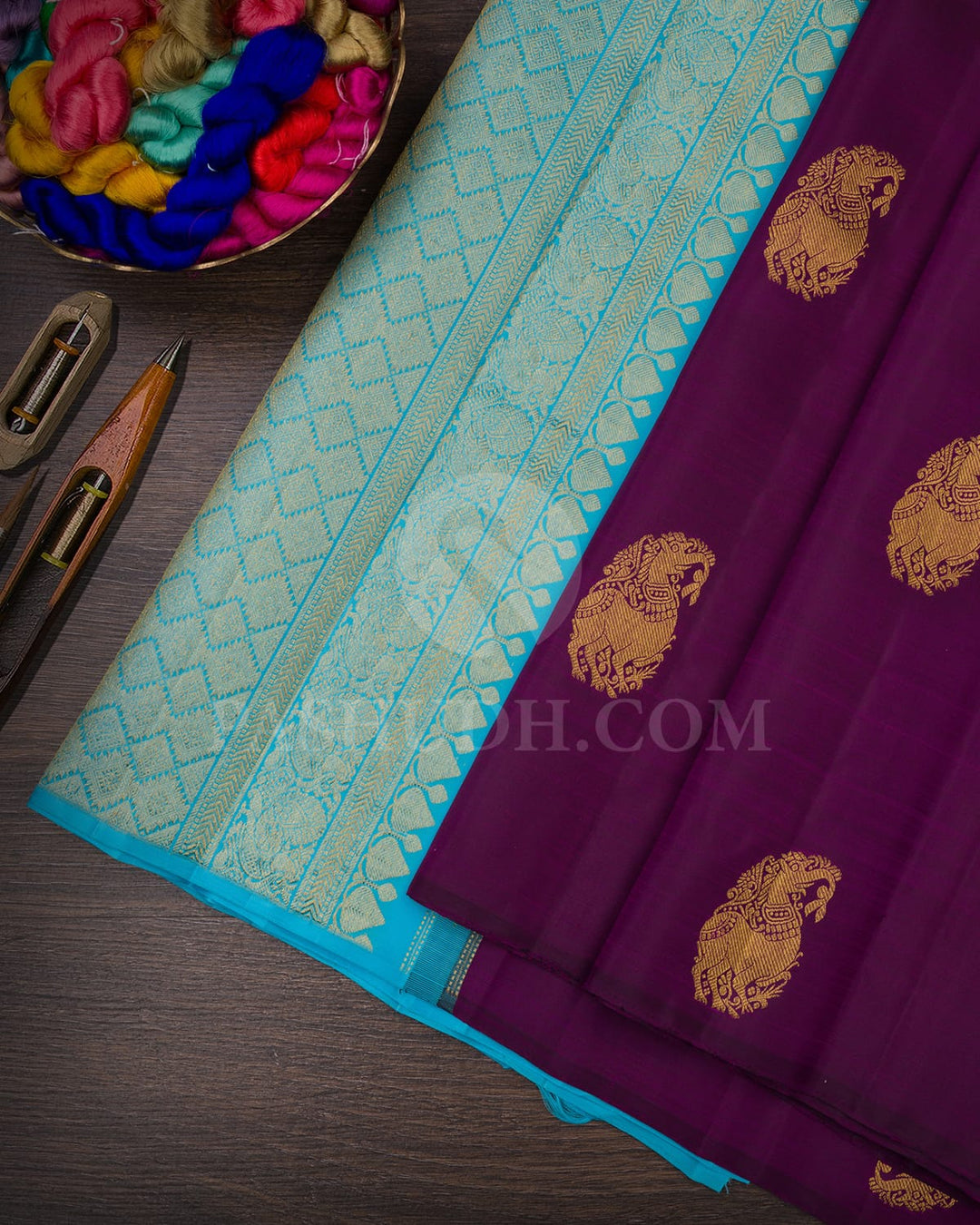 Purple & Sky Blue Traditional Borderless Kanjivaram Silk Saree-L2