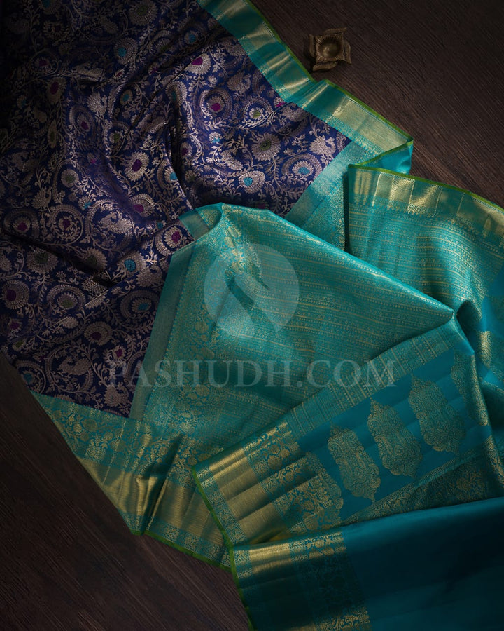 Navy Blue & Turquoise Blue Kanjivaram Silk Saree-S1197(D)