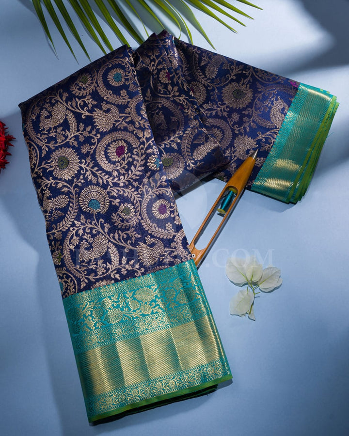 Navy Blue & Turquoise Blue Kanjivaram Silk Saree-S1197(D)