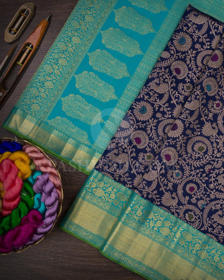 Navy Blue & Turquoise Blue Kanjivaram Silk Saree-S1197(D)