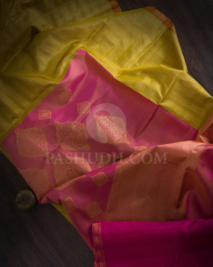 Golden Mustard With Bright Pink  Kanjivaram Silk Saree-S1437(A)