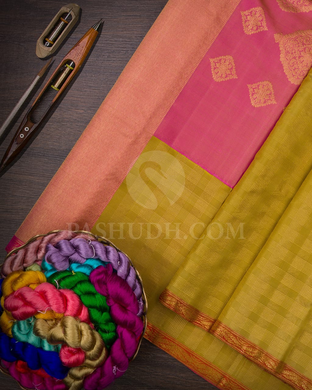 Golden Mustard With Bright Pink  Kanjivaram Silk Saree-S1437(A)