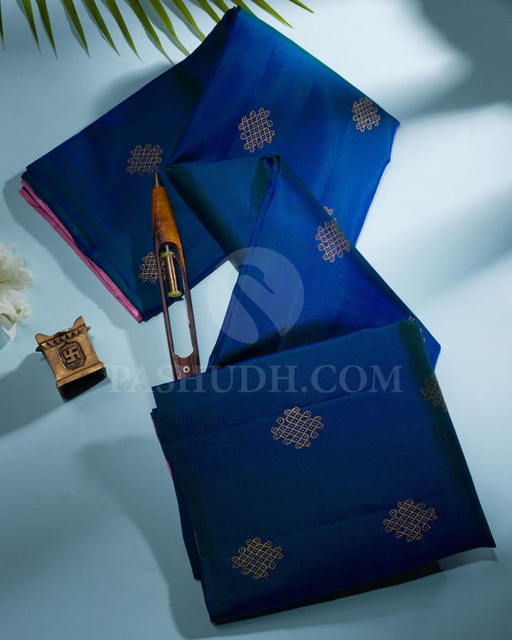 Peacock Blue & Baby Pink Traditional Borderless Kanjivaram Silk Saree-L3
