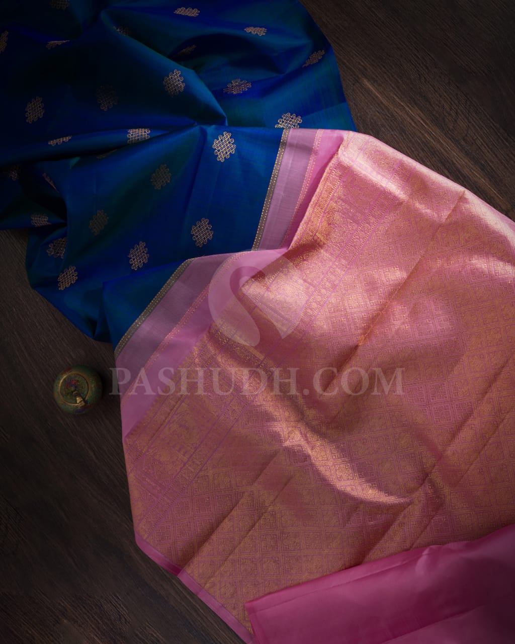 Peacock Blue & Baby Pink Traditional Borderless Kanjivaram Silk Saree-L3