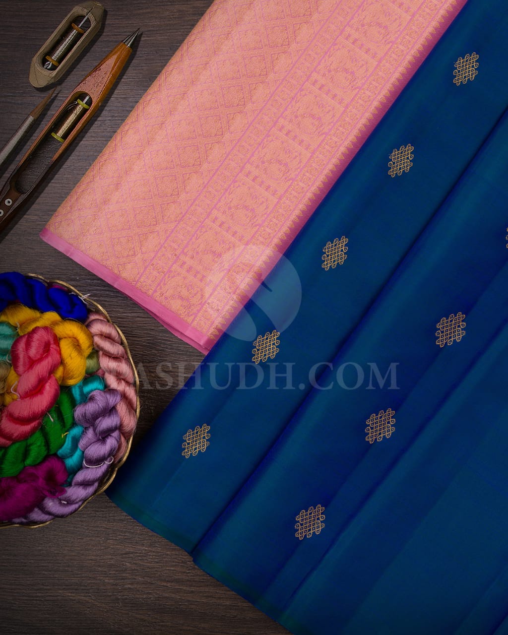 Peacock Blue & Baby Pink Traditional Borderless Kanjivaram Silk Saree-L3